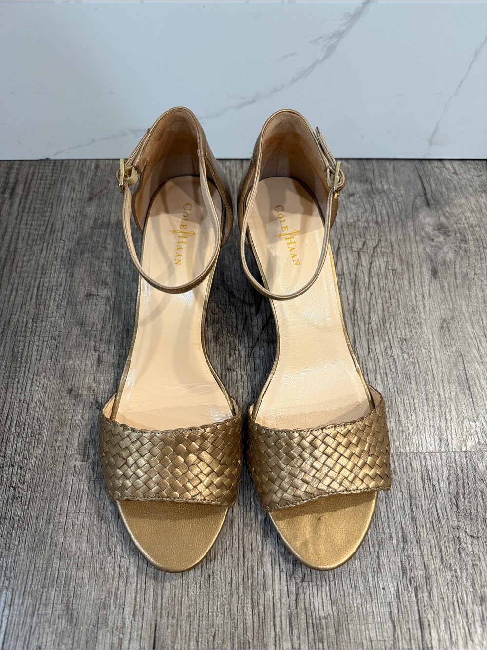 Cole Haan Metallic Gold Woven Ankle-Strap Heels